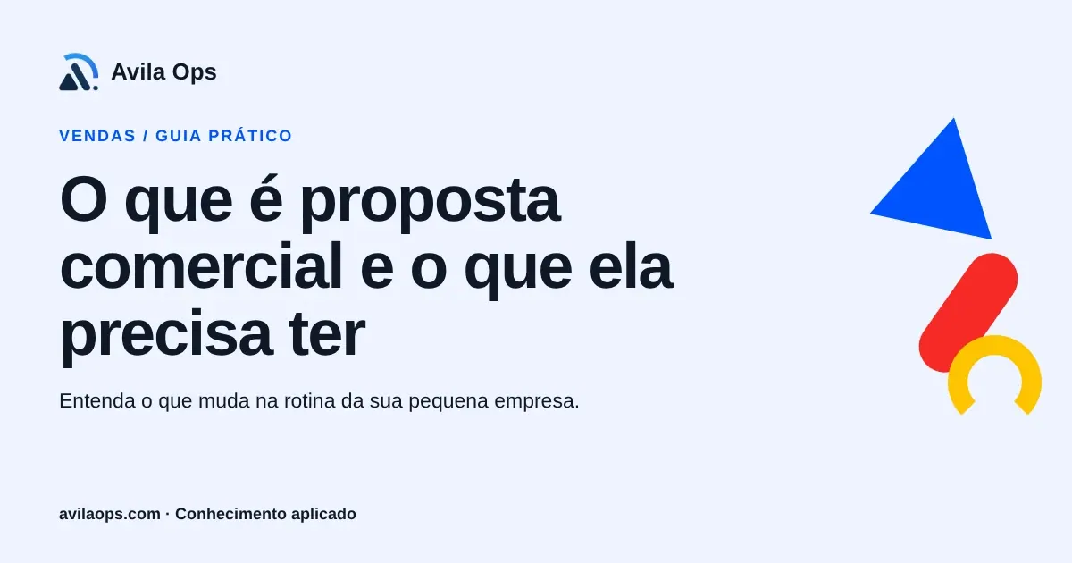 Cartaz editorial com o título “O que é proposta comercial e o que ela precisa ter” e formas azul, vermelha e amarela da Avila Ops.