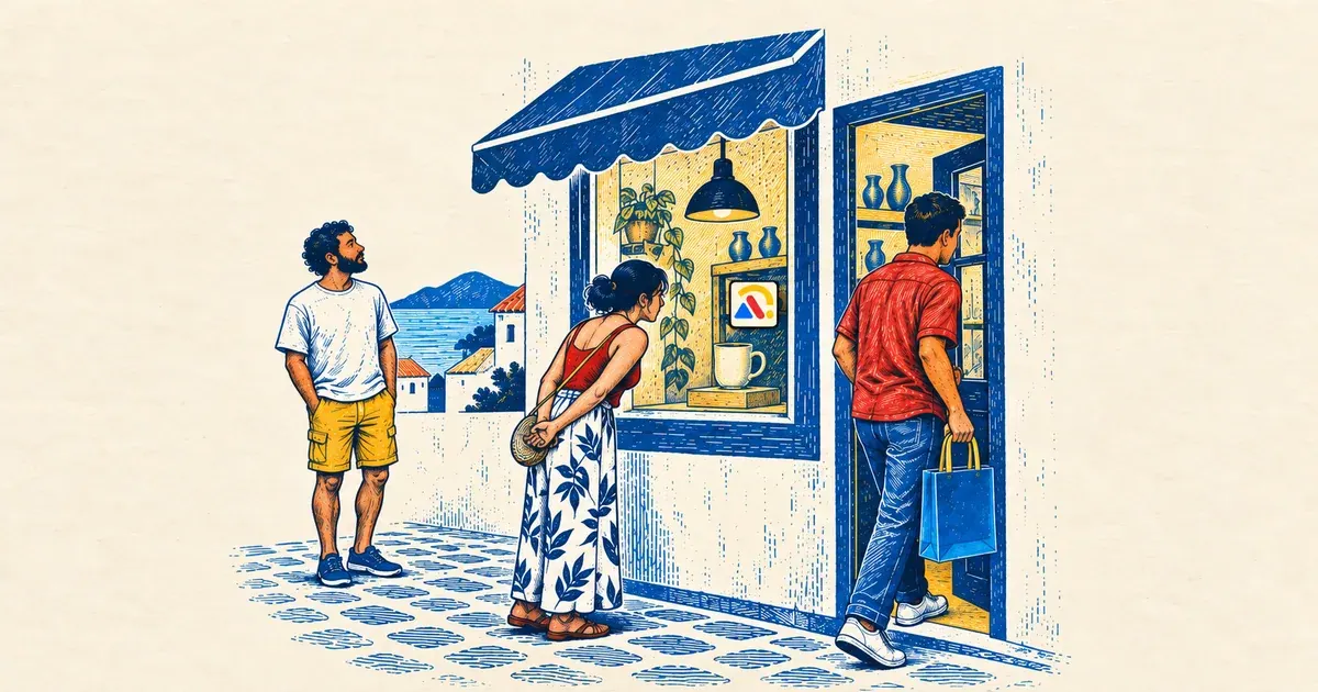 Três pessoas observam, avaliam e retornam a uma loja, representando diferentes graus de familiaridade com o negócio.