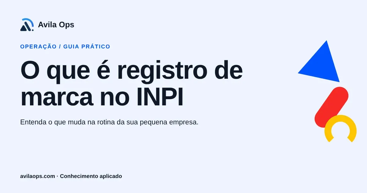 Cartaz editorial com o título “O que é registro de marca no INPI” e formas azul, vermelha e amarela da Avila Ops.