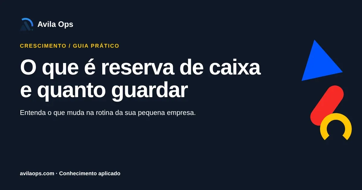 Cartaz editorial com o título “O que é reserva de caixa e quanto guardar” e formas azul, vermelha e amarela da Avila Ops.