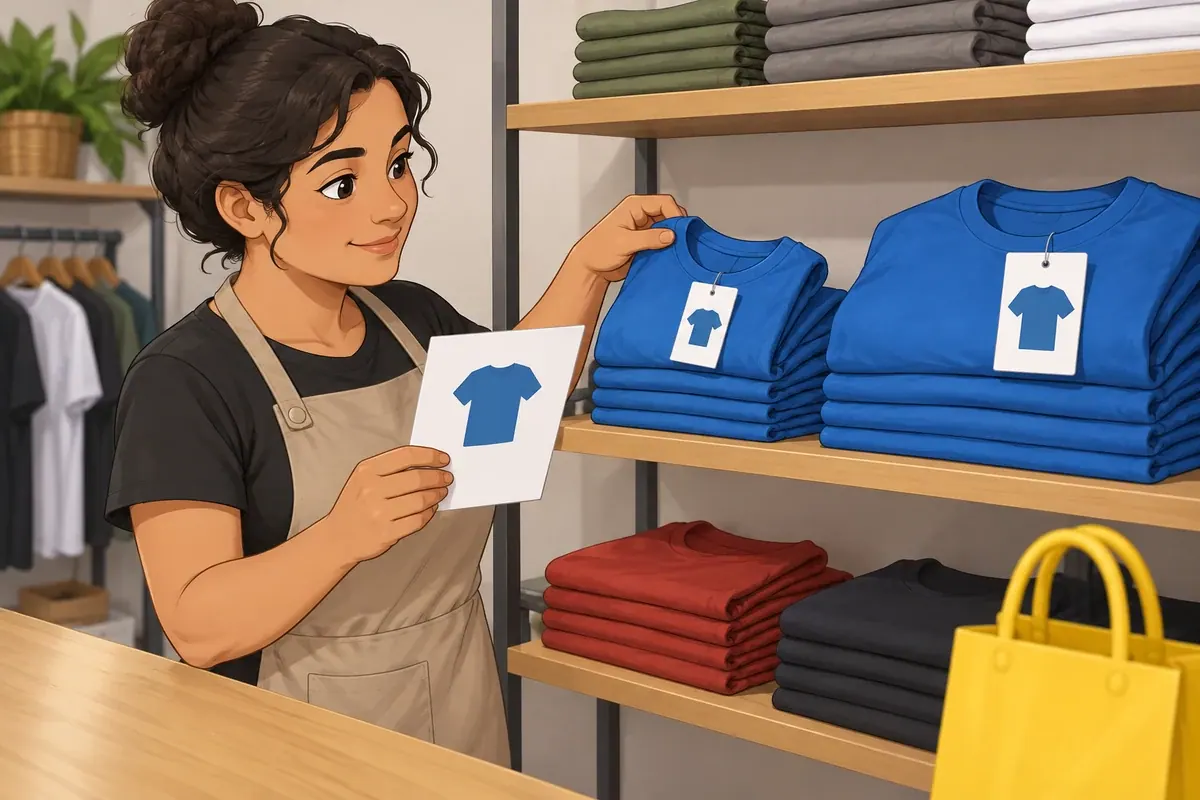 Lojista compara a variação pedida com a peça no estoque para separar o produto correto.