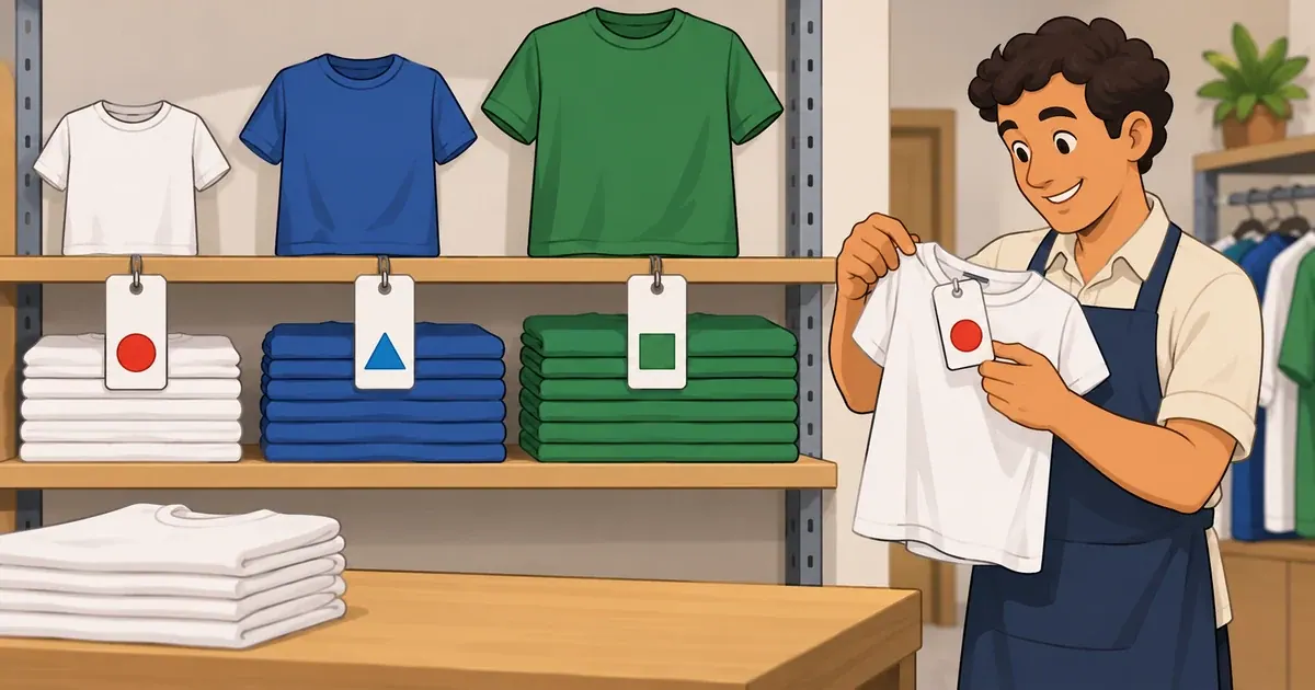Variações de camisetas e suas etiquetas mostram a identificação individual dos produtos no estoque.