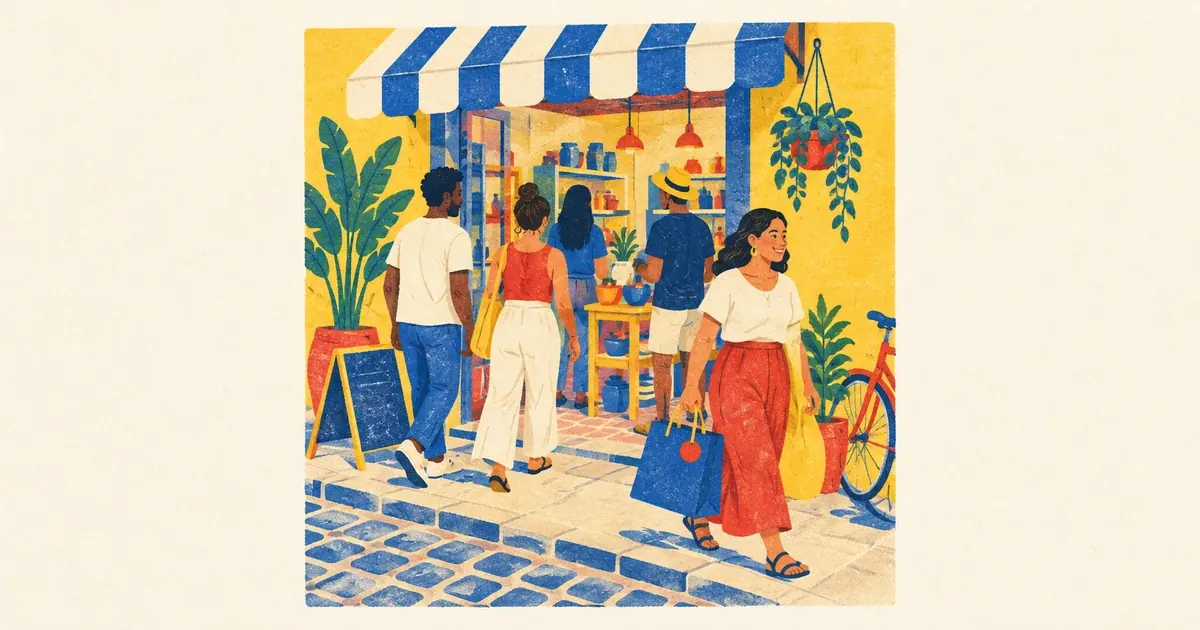 Visitantes entram numa pequena loja enquanto uma cliente sai com uma sacola, ilustrando a conversão de visitas em compras.