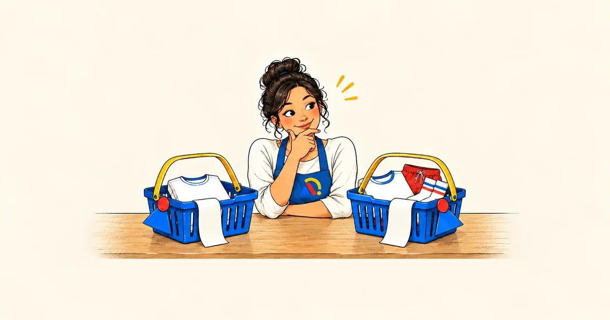 Lojista compara cestas com diferentes quantidades de roupas, ilustrando a variação do valor de cada pedido.