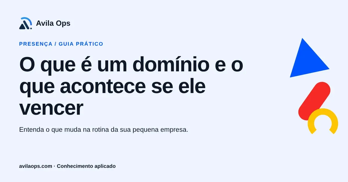 Cartaz editorial com o título “O que é um domínio e o que acontece se ele vencer” e formas azul, vermelha e amarela da Avila Ops.
