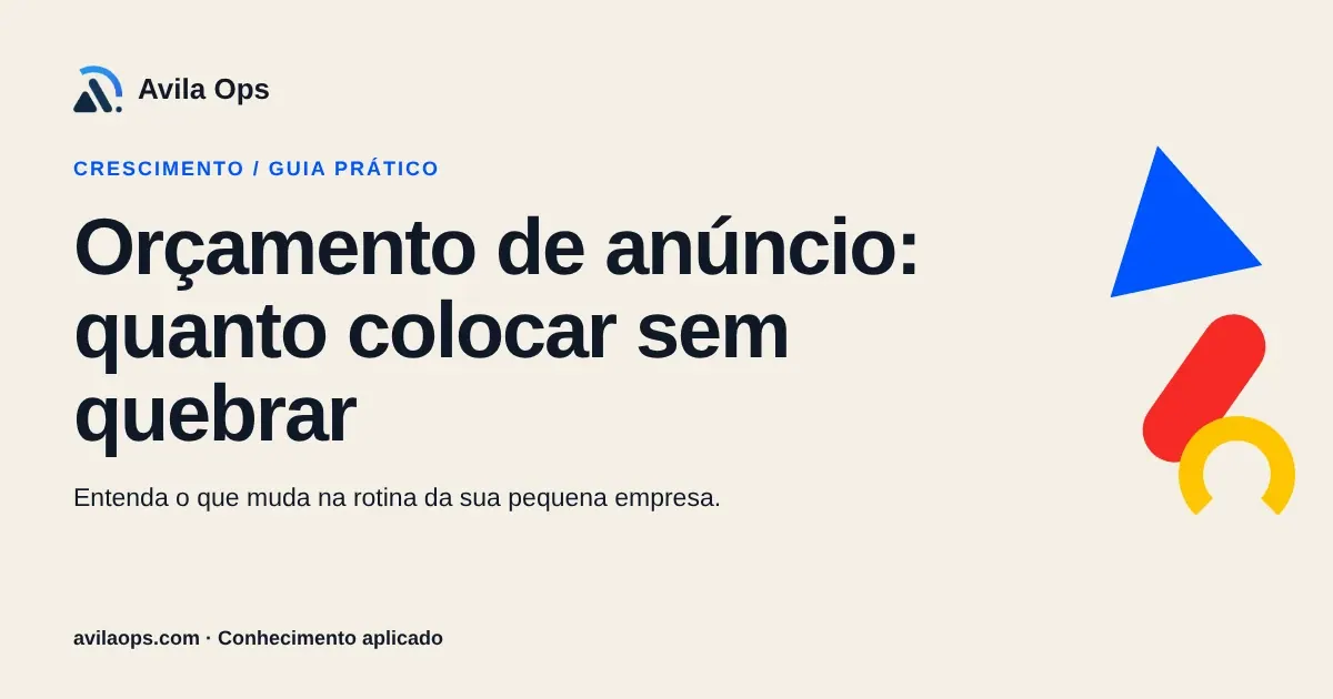 Cartaz editorial com o título “Orçamento de anúncio: quanto colocar sem quebrar” e formas azul, vermelha e amarela da Avila Ops.
