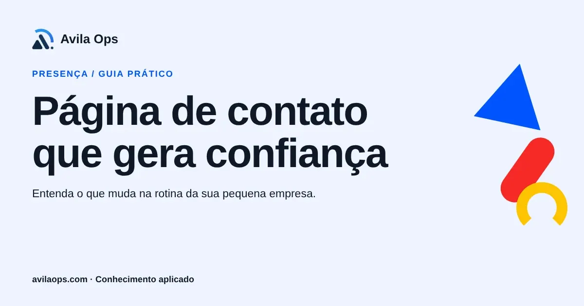 Cartaz editorial com o título “Página de contato que gera confiança” e formas azul, vermelha e amarela da Avila Ops.