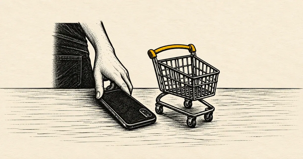 Comprador deixa o celular de lado junto a um carrinho vazio, representando abandono da compra.
