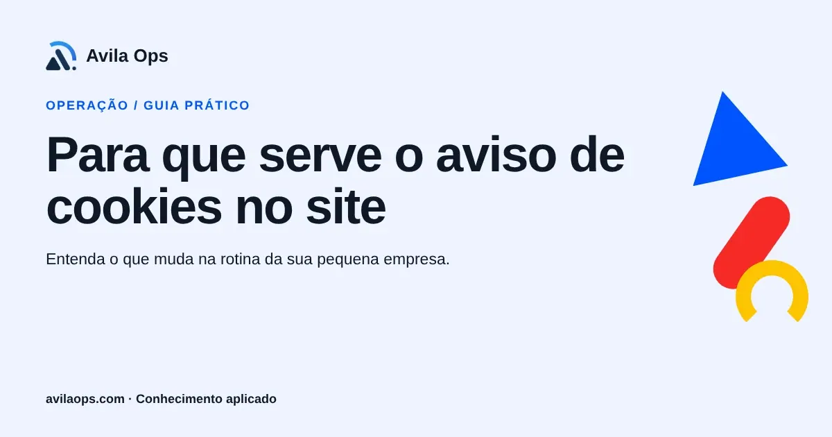 Cartaz editorial com o título “Para que serve o aviso de cookies no site” e formas azul, vermelha e amarela da Avila Ops.