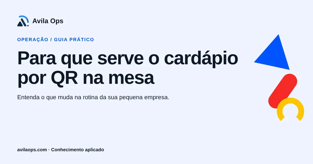 Cartaz editorial com o título “Para que serve o cardápio por QR na mesa” e formas azul, vermelha e amarela da Avila Ops.
