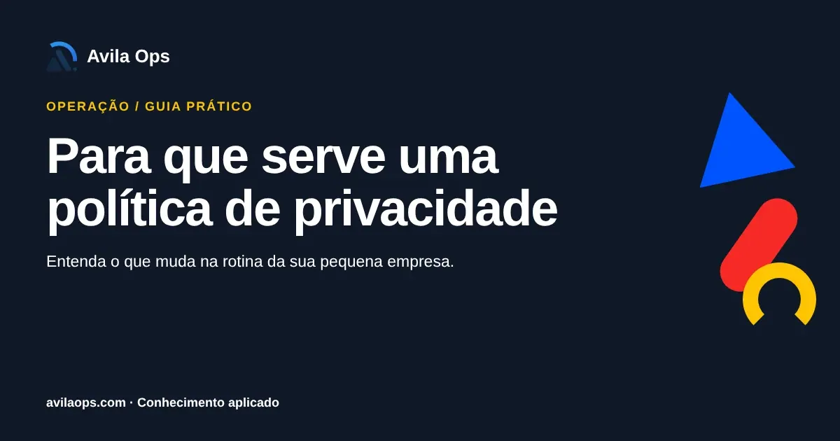 Cartaz editorial com o título “Para que serve uma política de privacidade” e formas azul, vermelha e amarela da Avila Ops.