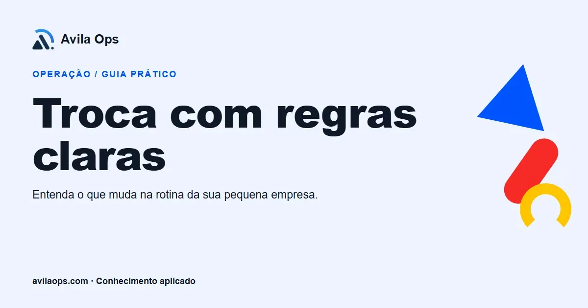 Cartaz editorial com o título “Troca com regras claras” e formas azul, vermelha e amarela da Avila Ops.