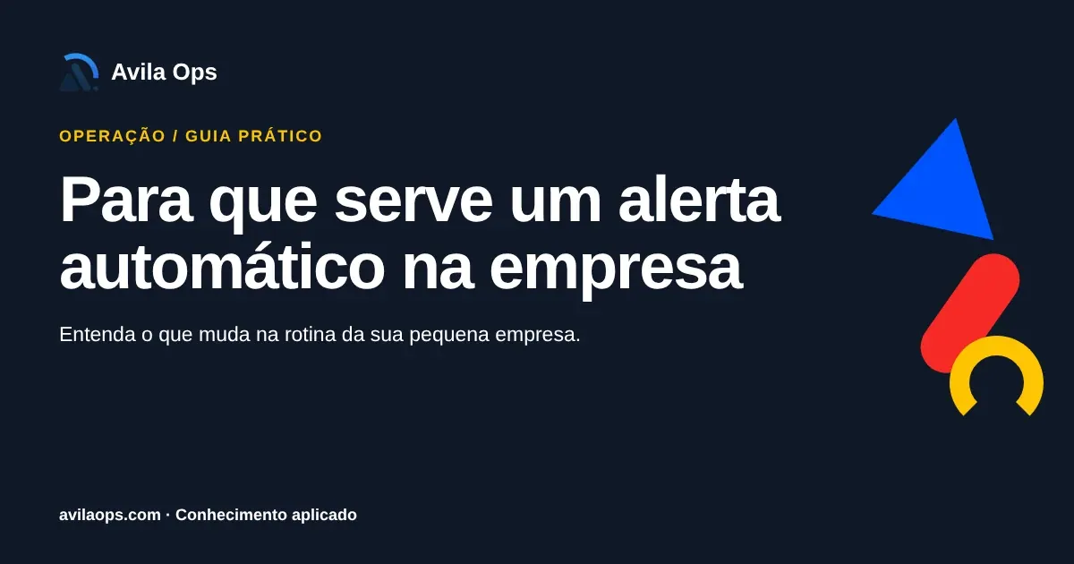 Cartaz editorial com o título “Para que serve um alerta automático na empresa” e formas azul, vermelha e amarela da Avila Ops.