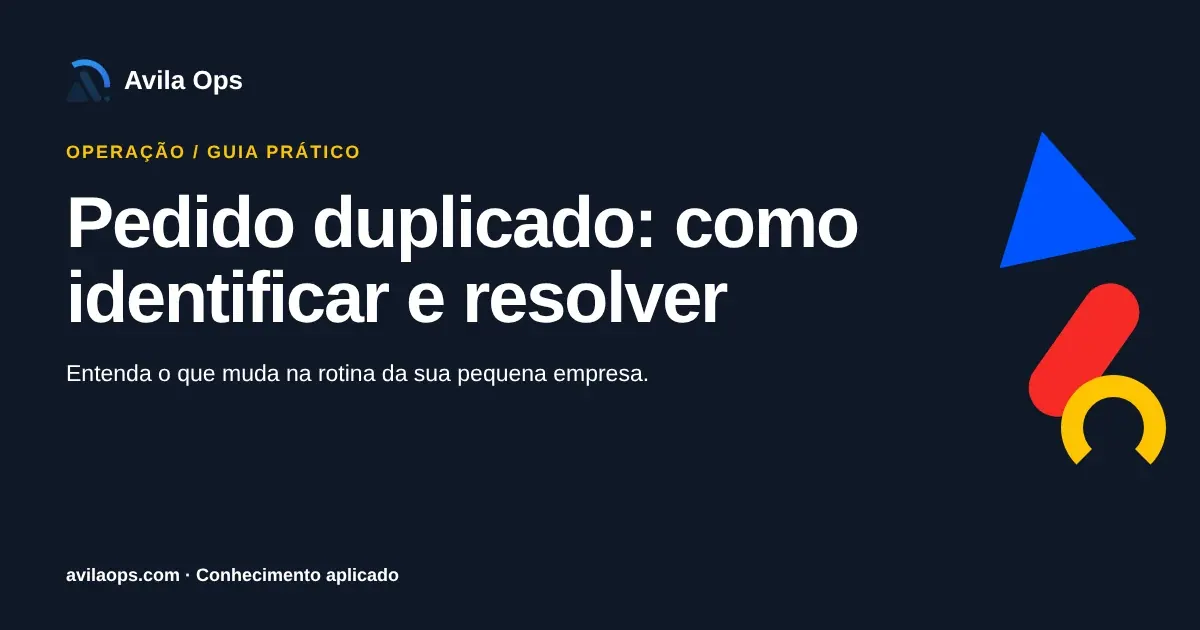 Cartaz editorial com o título “Pedido duplicado: como identificar e resolver” e formas azul, vermelha e amarela da Avila Ops.