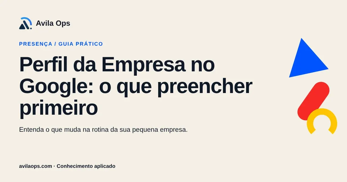 Cartaz editorial com o título “Perfil da Empresa no Google: o que preencher primeiro” e formas azul, vermelha e amarela da Avila Ops.
