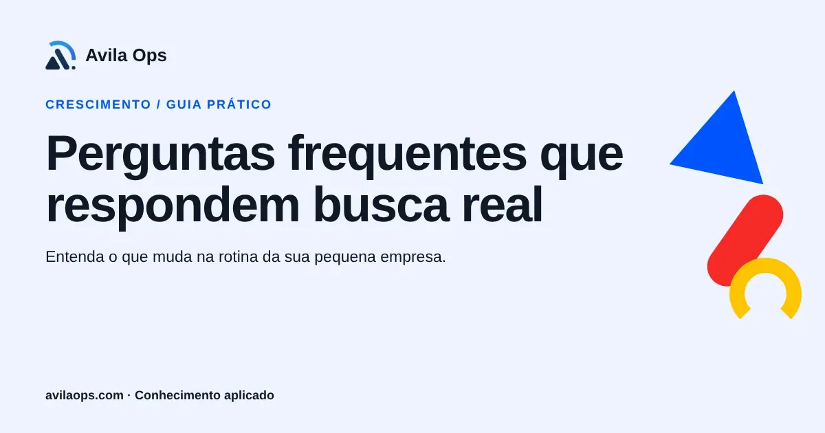 Cartaz editorial com o título “Perguntas frequentes que respondem busca real” e formas azul, vermelha e amarela da Avila Ops.