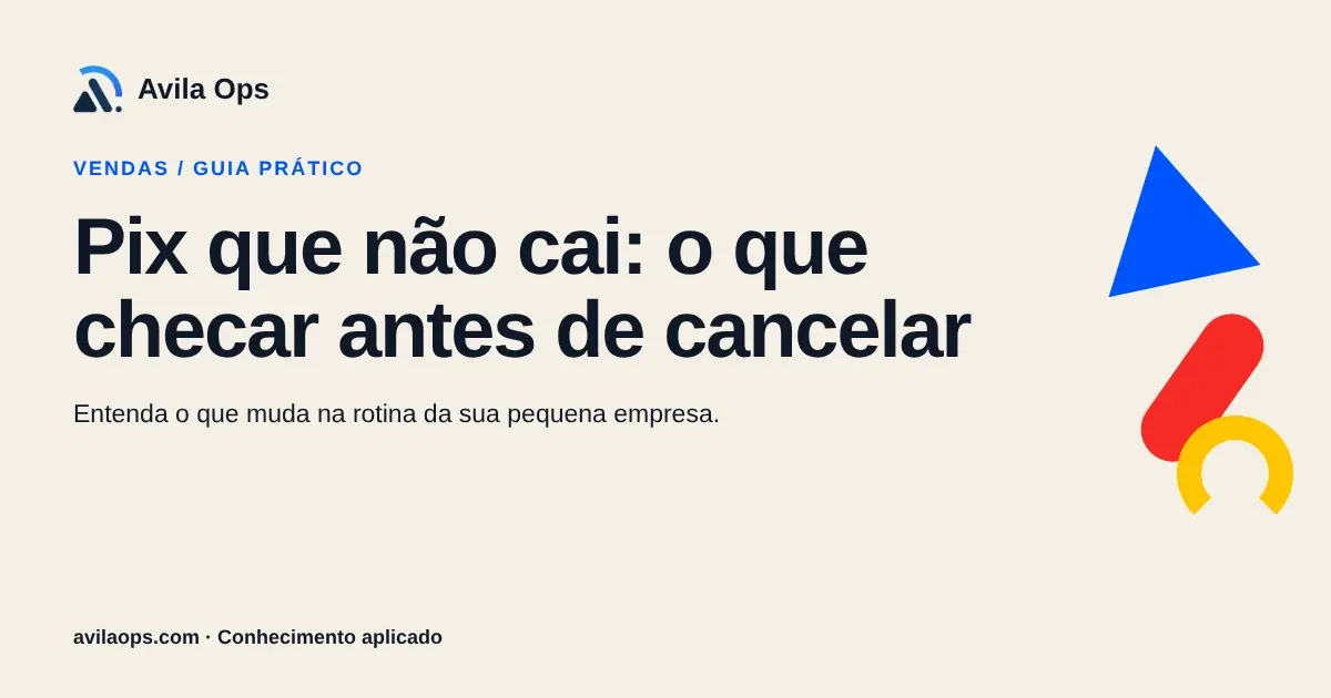 Cartaz editorial com o título “Pix que não cai: o que checar antes de cancelar” e formas azul, vermelha e amarela da Avila Ops.