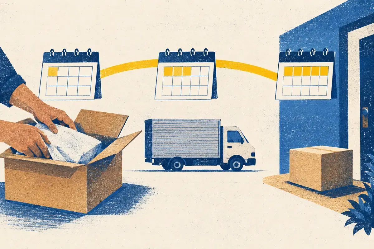 Calendários relacionam preparação do pedido, transporte e chegada da encomenda.