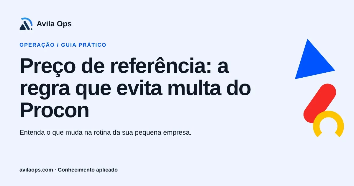 Cartaz editorial com o título “Preço de referência: a regra que evita multa do Procon” e formas azul, vermelha e amarela da Avila Ops.