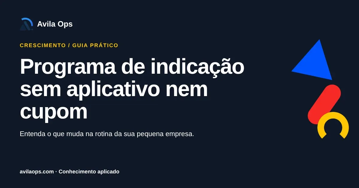 Cartaz editorial com o título “Programa de indicação sem aplicativo nem cupom” e formas azul, vermelha e amarela da Avila Ops.
