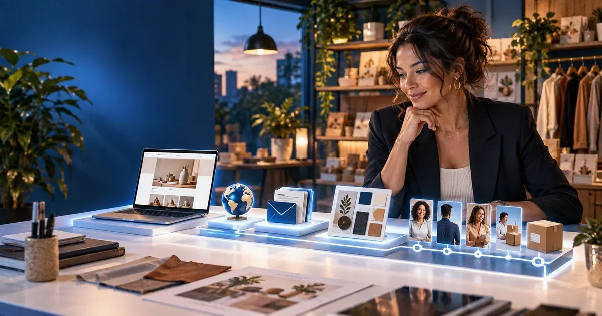 Empresária compara páginas e recursos digitais em uma bancada, representando investimento em presença digital.