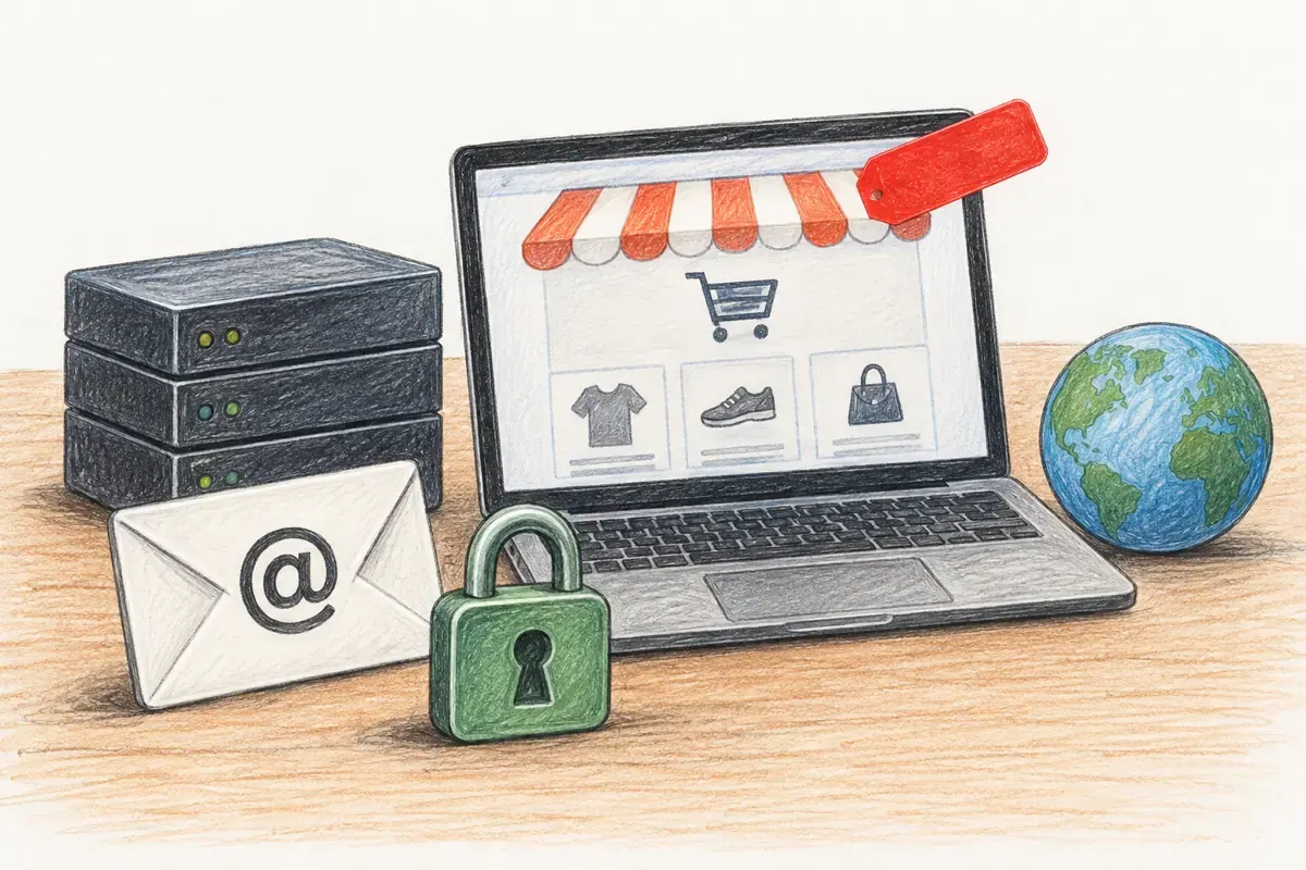 Desenho de loja virtual, servidor, envelope e cadeado representa os serviços que compõem a estrutura da venda online.