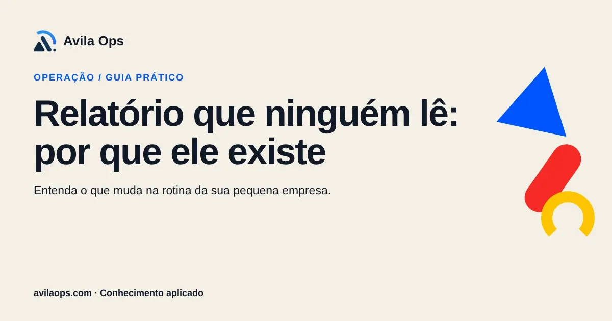 Cartaz editorial com o título “Relatório que ninguém lê: por que ele existe” e formas azul, vermelha e amarela da Avila Ops.