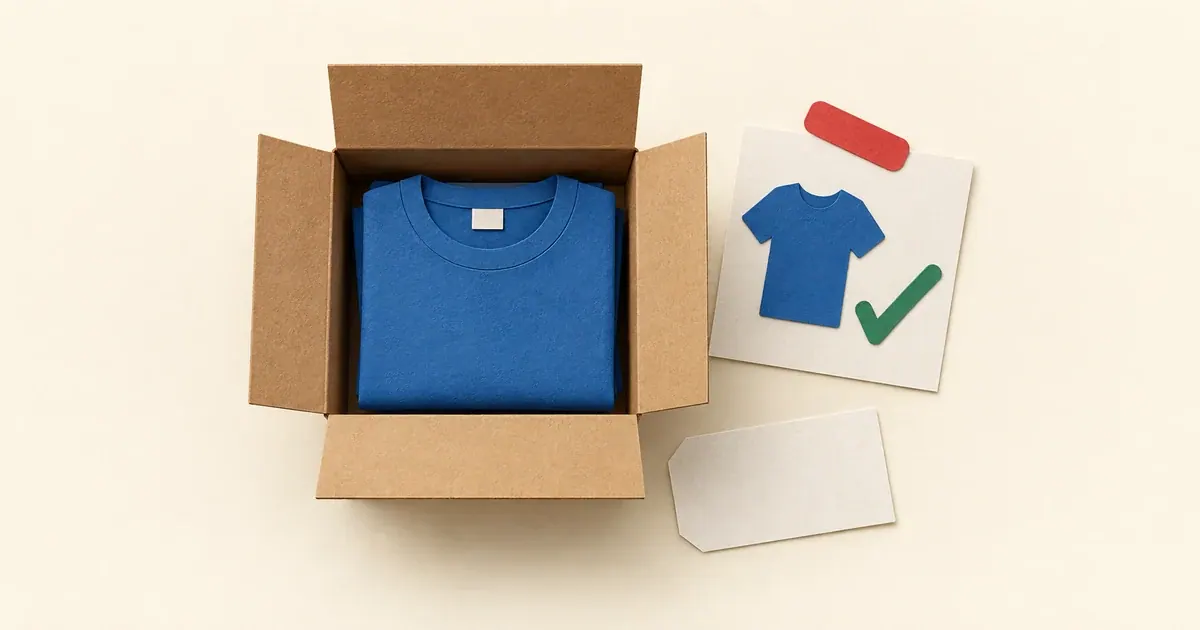 Camiseta na caixa é conferida com o pedido antes de receber a etiqueta de envio.