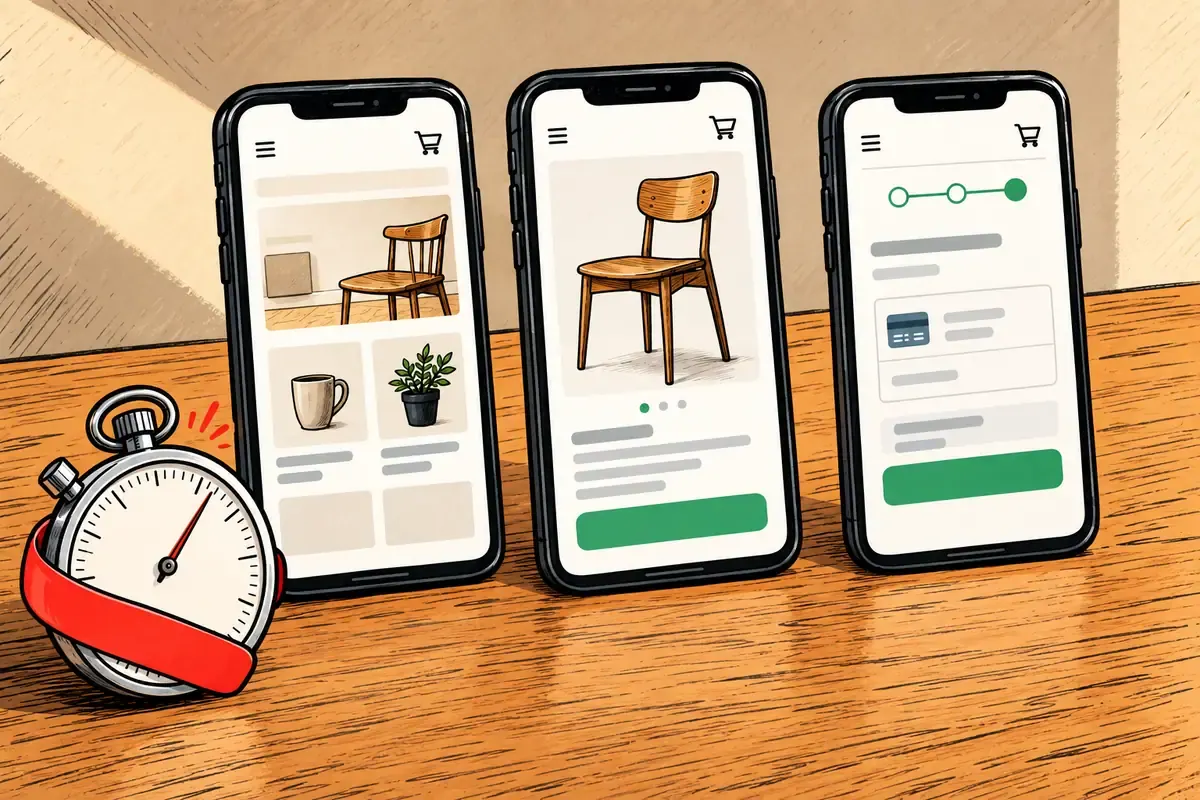 Cronômetro acompanha as páginas inicial, de produto e de fechamento da compra no celular.