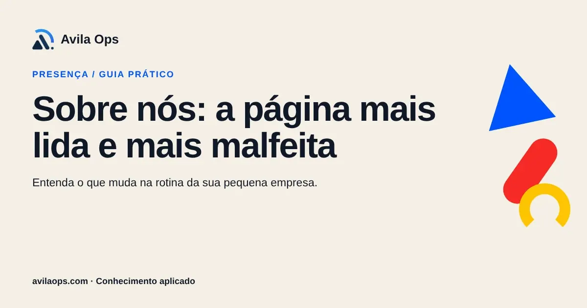 Cartaz editorial com o título “Sobre nós: a página mais lida e mais malfeita” e formas azul, vermelha e amarela da Avila Ops.