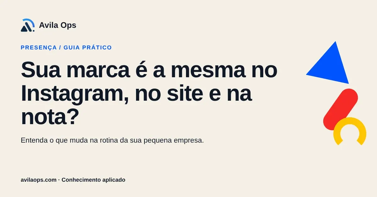 Cartaz editorial com o título “Sua marca é a mesma no Instagram, no site e na nota?” e formas azul, vermelha e amarela da Avila Ops.