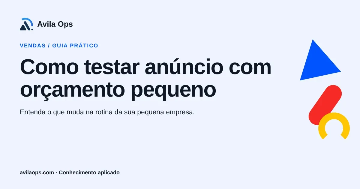 Cartaz editorial com o título “Como testar anúncio com orçamento pequeno” e formas azul, vermelha e amarela da Avila Ops.