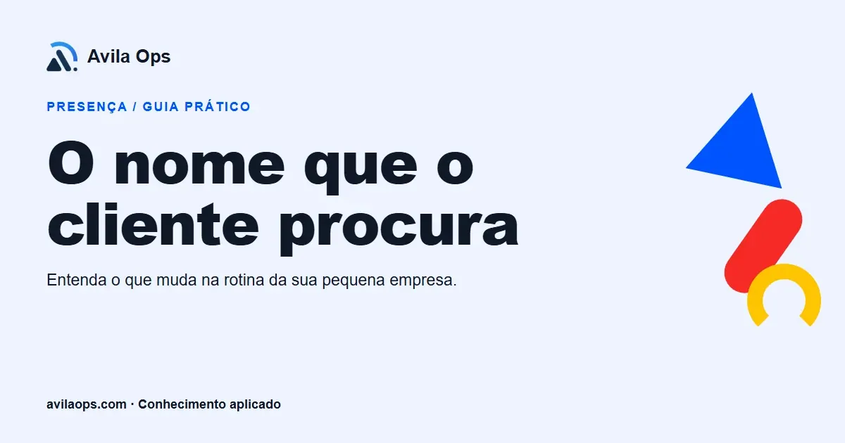 Cartaz editorial com o título “O nome que o cliente procura” e formas azul, vermelha e amarela da Avila Ops.
