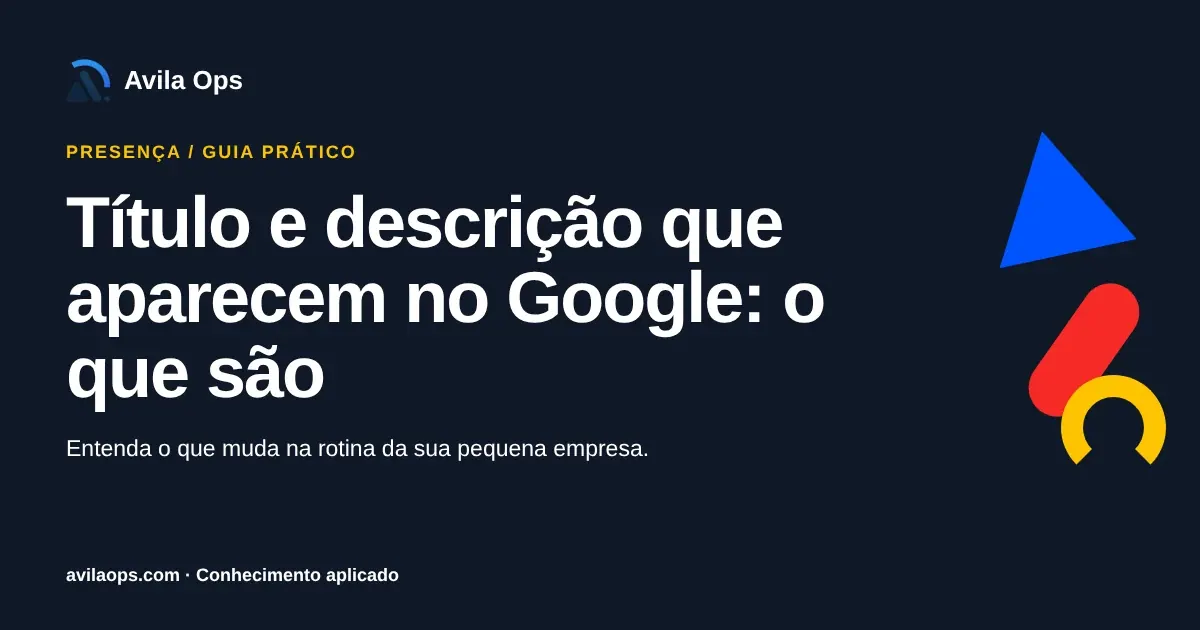 Cartaz editorial com o título “Título e descrição que aparecem no Google: o que são” e formas azul, vermelha e amarela da Avila Ops.