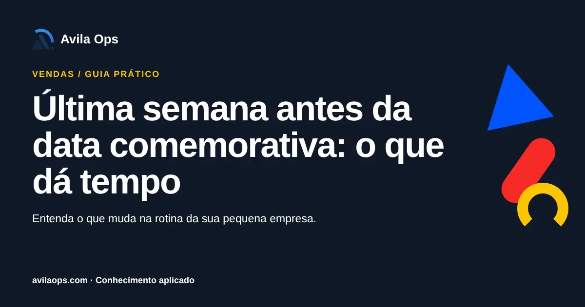 Cartaz editorial com o título “Última semana antes da data comemorativa: o que dá tempo” e formas azul, vermelha e amarela da Avila Ops.