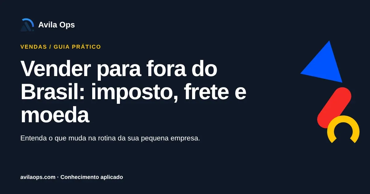 Cartaz editorial com o título “Vender para fora do Brasil: imposto, frete e moeda” e formas azul, vermelha e amarela da Avila Ops.