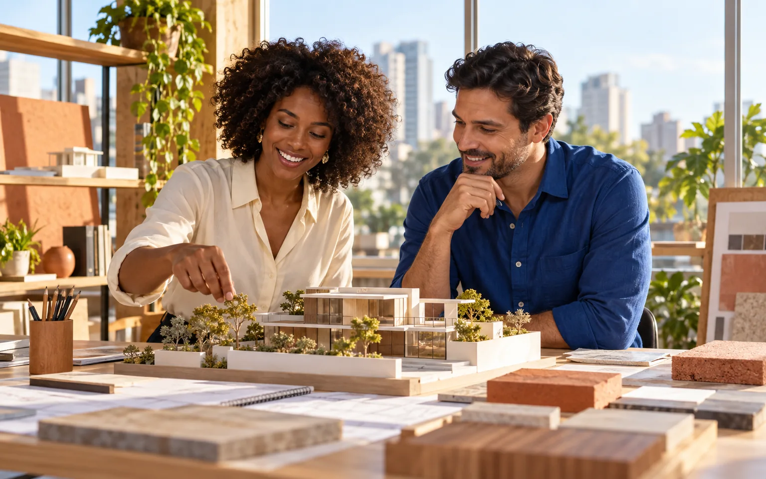 Profissionais de construção e consultoria analisando um projeto juntos