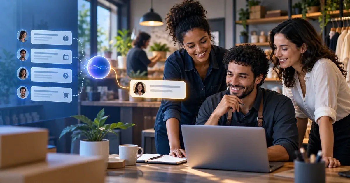 Equipe reunida diante de notebook e conversas ilustradas, representando assistência de IA no atendimento.
