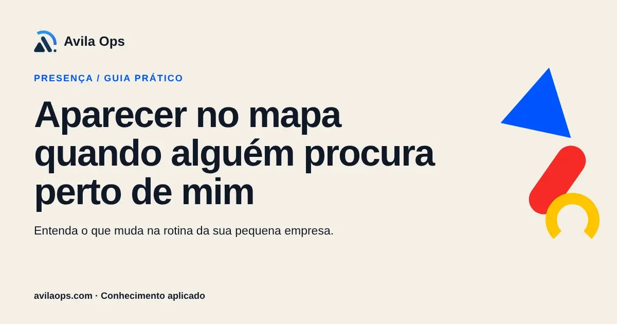 Cartaz editorial com o título “Aparecer no mapa quando alguém procura perto de mim” e formas azul, vermelha e amarela da Avila Ops.