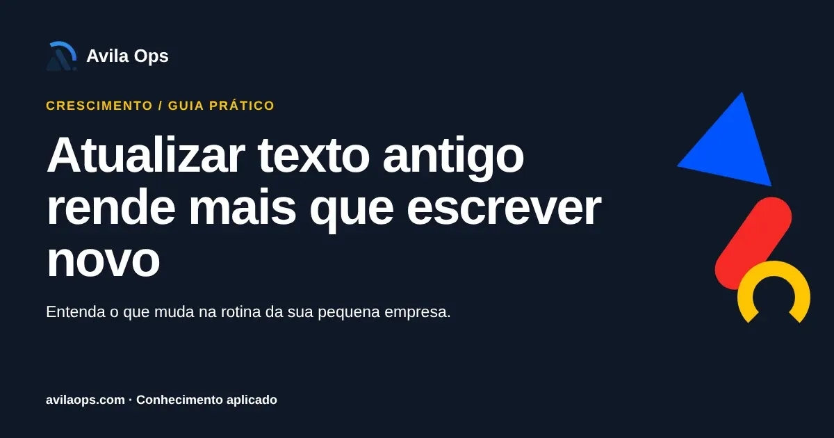 Cartaz editorial com o título “Atualizar texto antigo rende mais que escrever novo” e formas azul, vermelha e amarela da Avila Ops.
