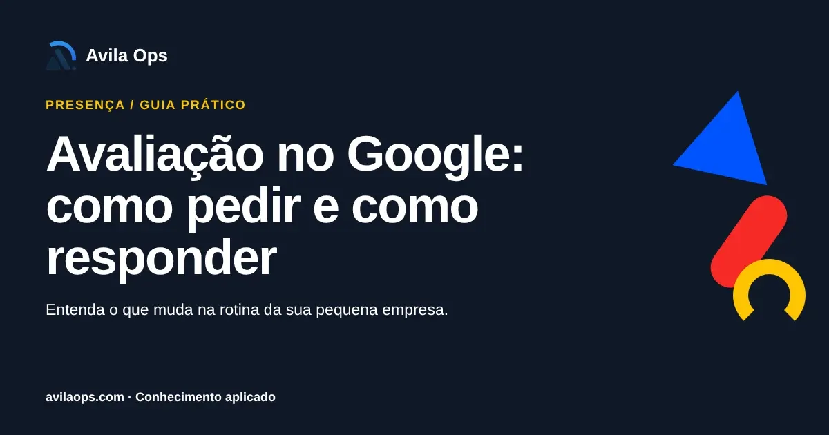 Cartaz editorial com o título “Avaliação no Google: como pedir e como responder” e formas azul, vermelha e amarela da Avila Ops.