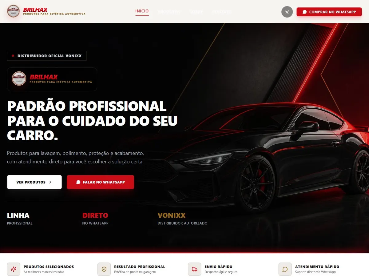 Página inicial da loja Brilhax, de produtos para estética automotiva.