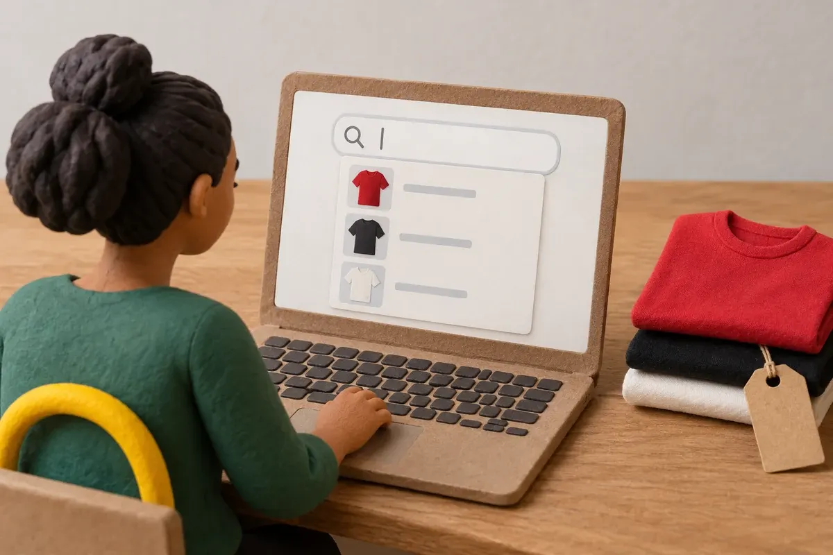 Sugestões de camisetas aparecem durante a busca, relacionando a consulta às variações disponíveis.