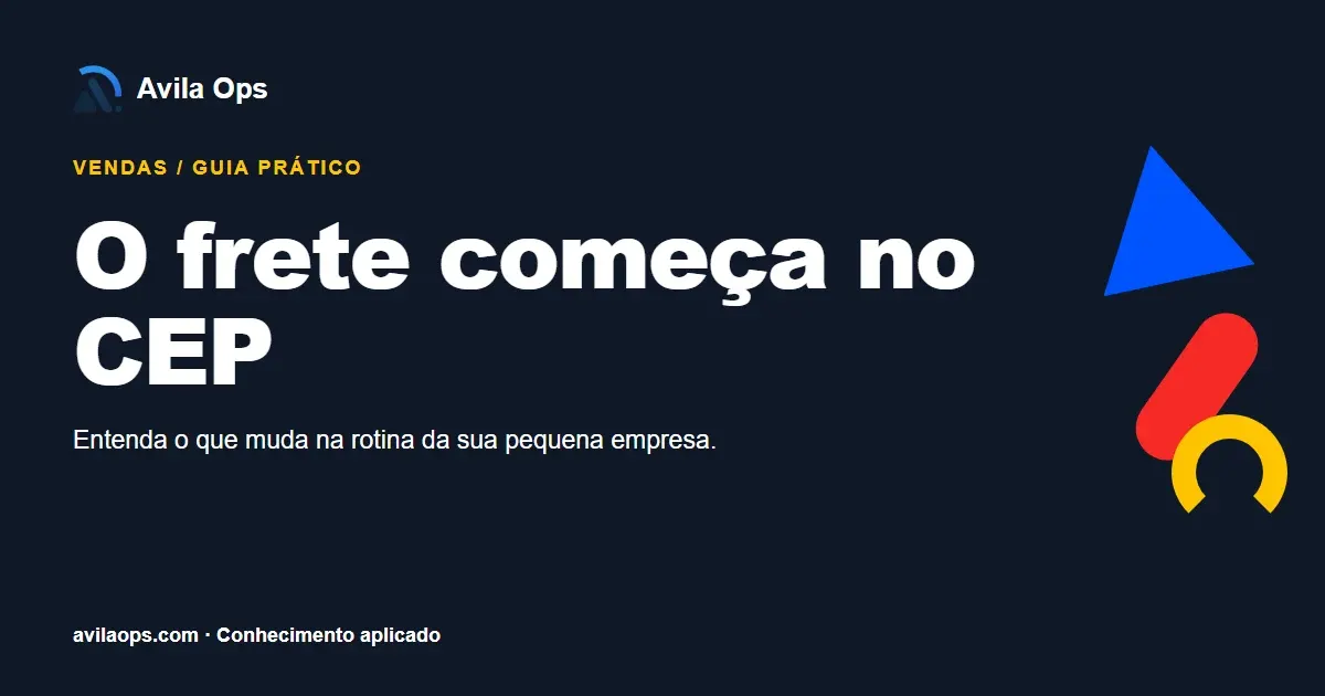 Cartaz editorial com o título “O frete começa no CEP” e formas azul, vermelha e amarela da Avila Ops.