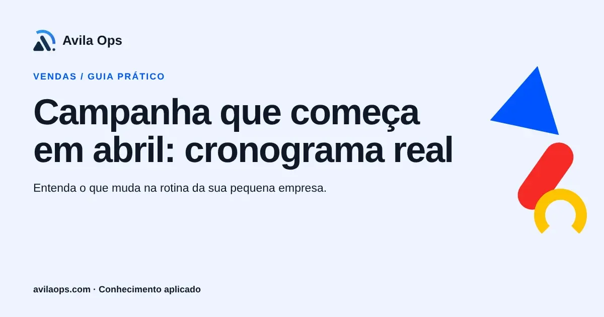 Cartaz editorial com o título “Campanha que começa em abril: cronograma real” e formas azul, vermelha e amarela da Avila Ops.