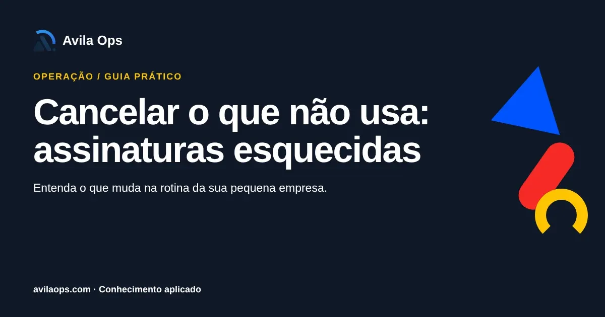Cartaz editorial com o título “Cancelar o que não usa: assinaturas esquecidas” e formas azul, vermelha e amarela da Avila Ops.