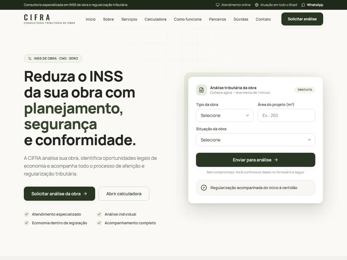 Página inicial da CIFRA, com o formulário de análise de INSS de obra.