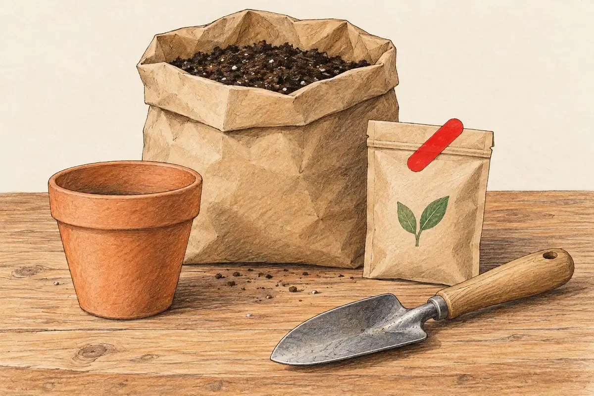 Vaso, substrato, adubo e pá de mão compõem um kit para começar a cuidar de plantas.