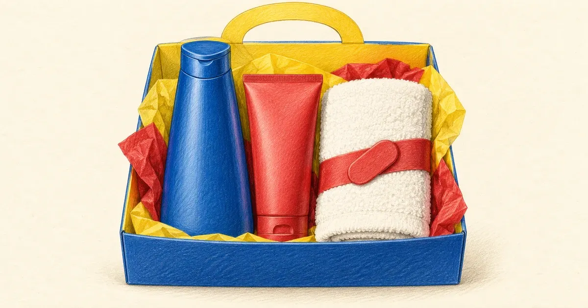 Shampoo, condicionador e toalha reunidos em uma caixa mostram produtos complementares vendidos como kit.