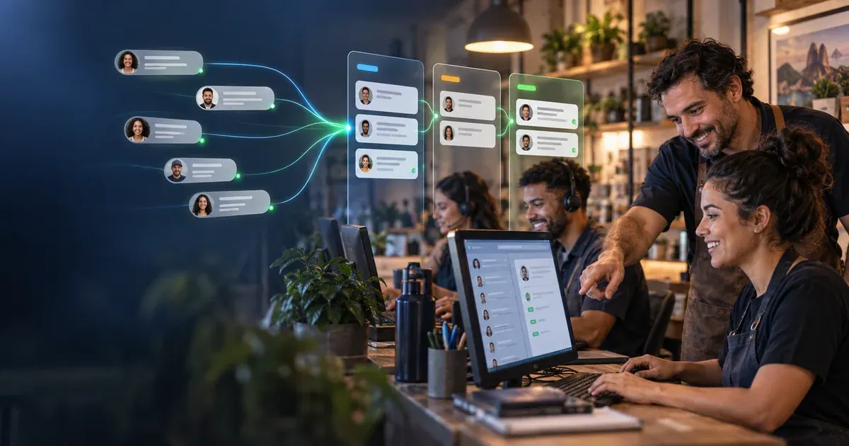 Equipe atende clientes com notebook e celular ligados a um fluxo ilustrado de conversas.